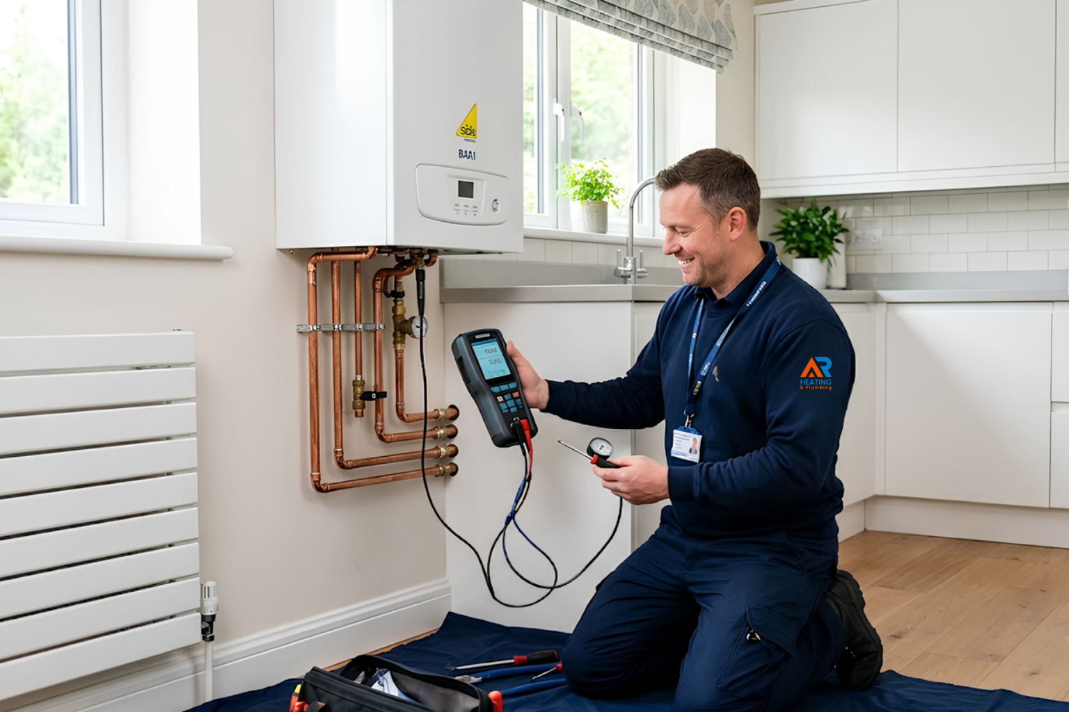 Engineer testing a radiator after a heating installation